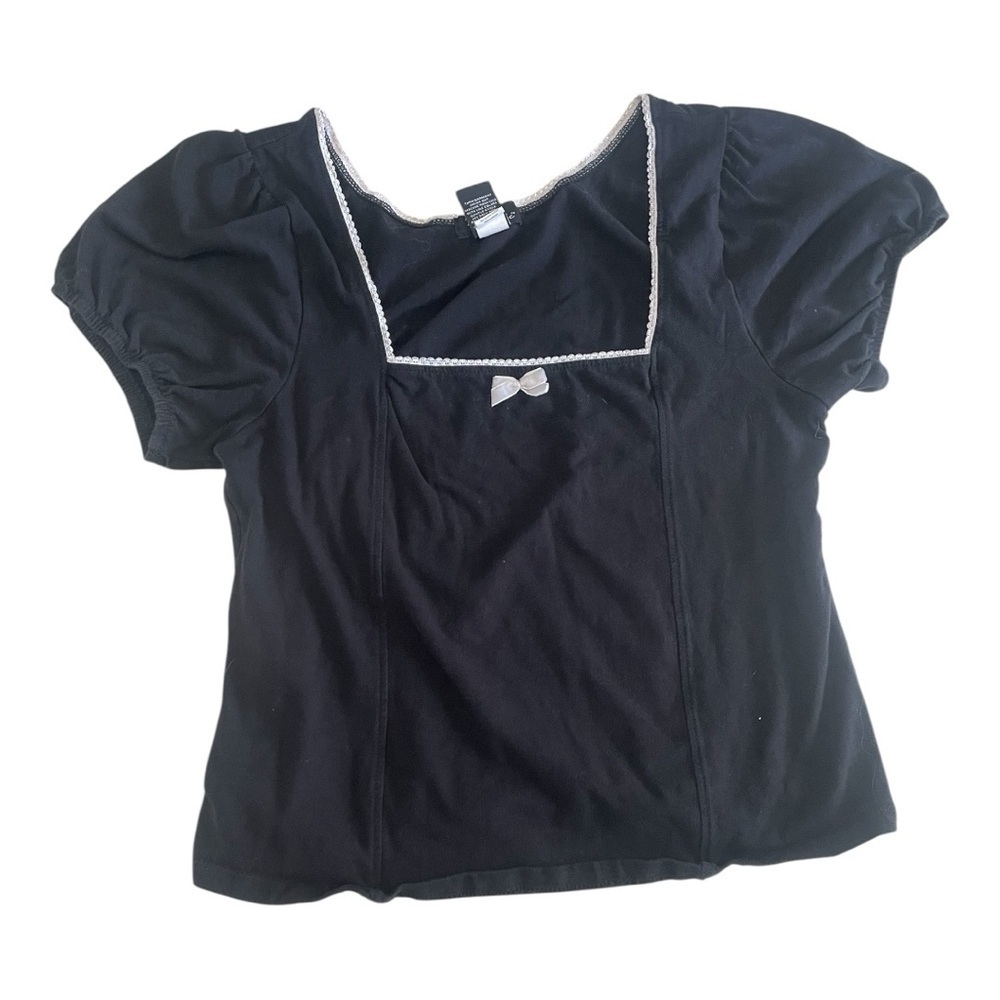 Thorne and Fable Puff Sleeve Crop Top Black White Bow Size Large Goth Witchy - Picture 2 of 7